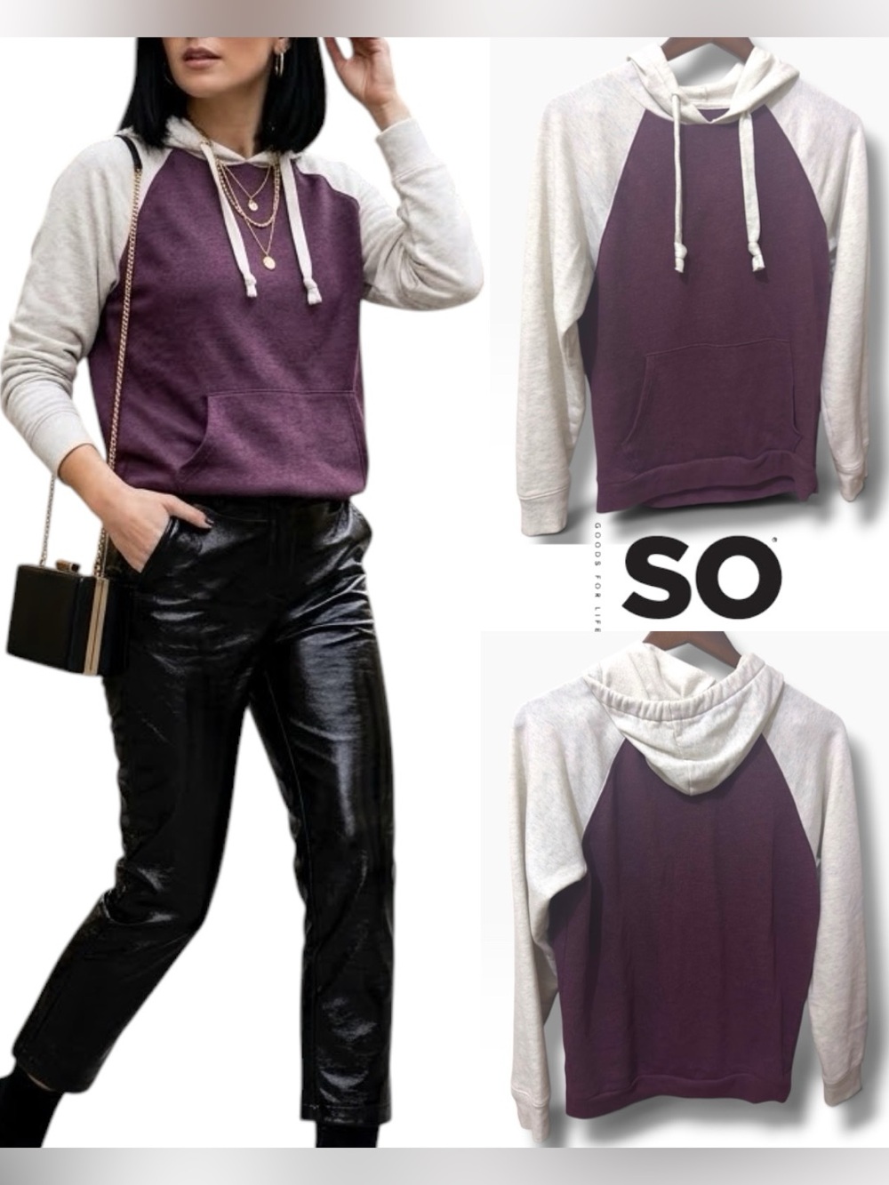 SO | NWOT Women's Maroon & Oatmeal Colorblock Raglan Pullover Hoodie (size XS/S)